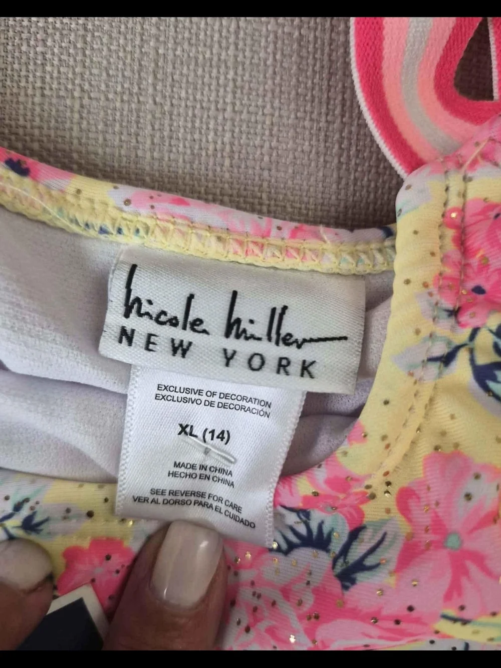 Nicole Miller Yellow Floral Ruffle Bikini with Pink Straps
